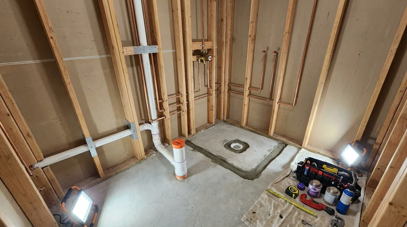 Bathroom rough-in plumbing during remodel by Johns Plumbing LLC in Burt