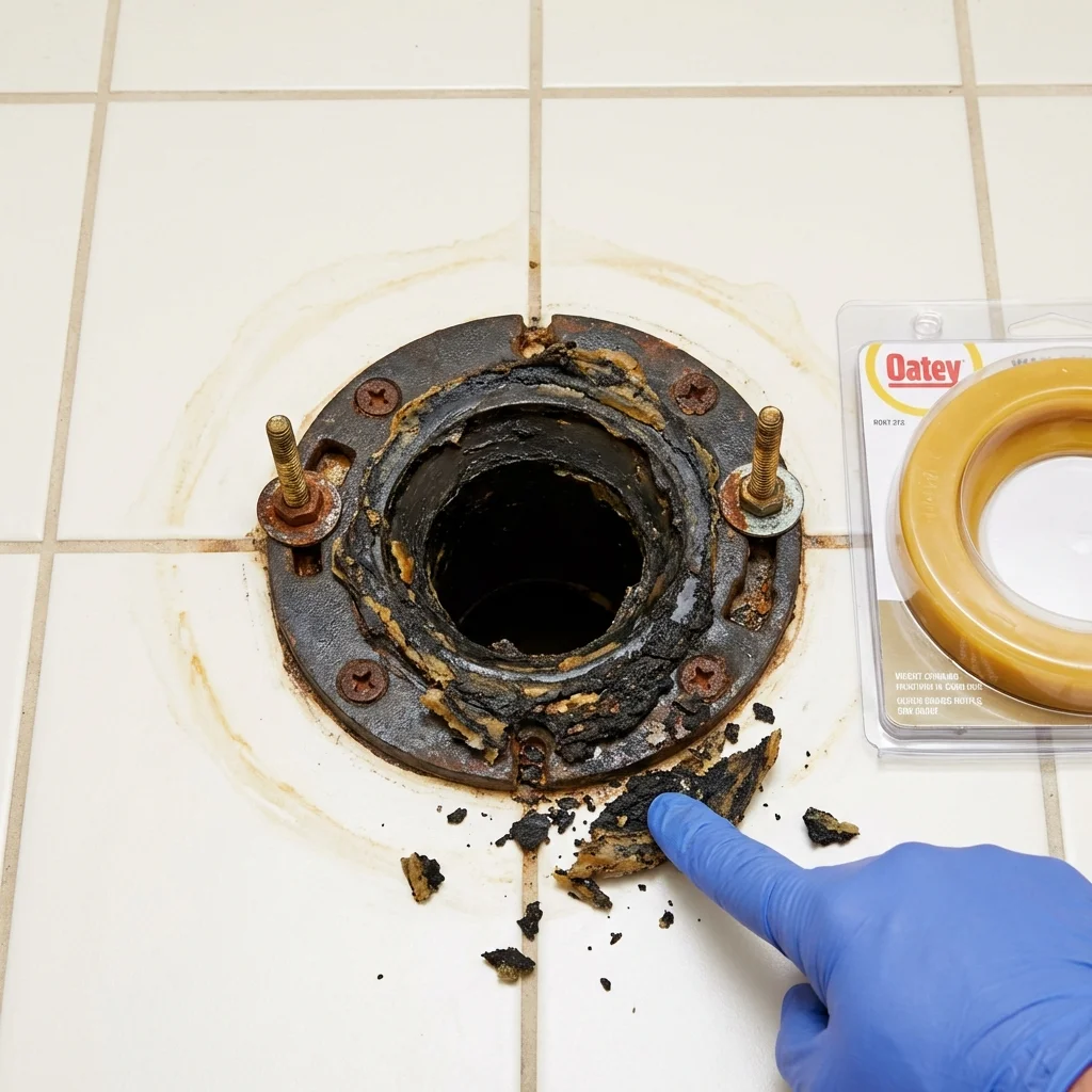 Failed wax ring showing water seepage at the base of a toilet in a Burt, MI home