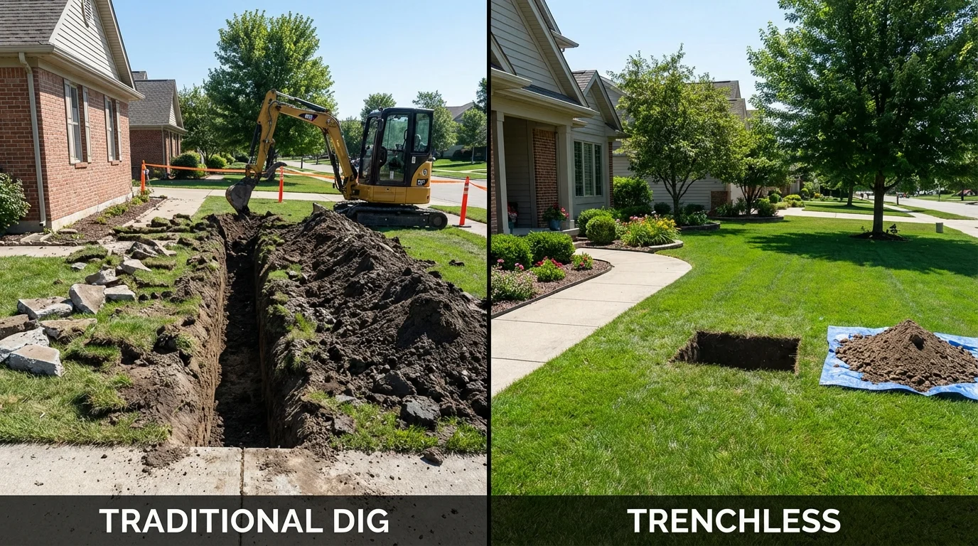 Trenchless sewer repair with minimal yard damage versus traditional excavation in Burt, MI